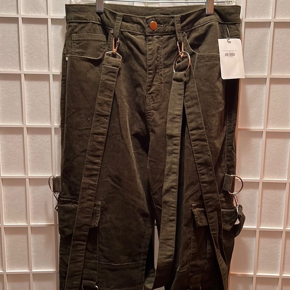 CARGO BONDAGE PANTS;OLIVE Corduroy , adjustable straps - Picture 5 of 7
